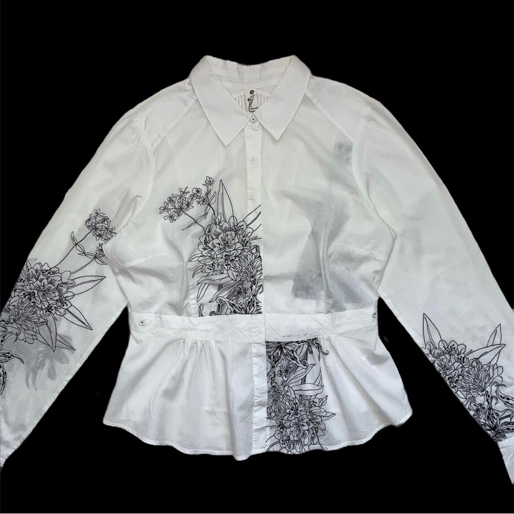 Anthropologie Floreat white blouse with black floral embroidery, size 12
